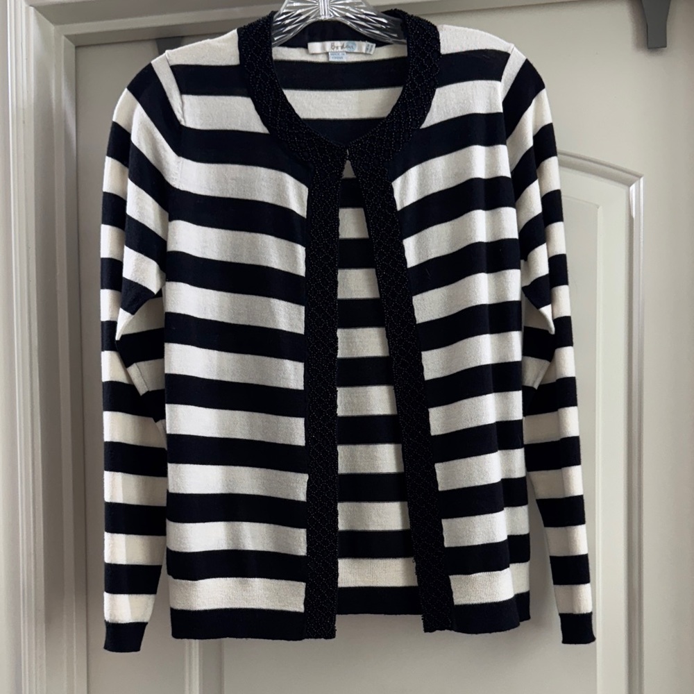 Boden Black and Cream, Beaded, Striped Cardigan